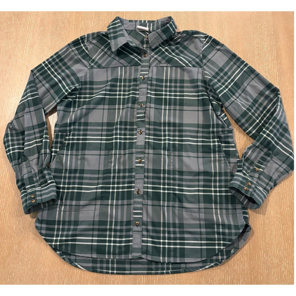 Columbia Womens XL Green Gray Plaid Long Sleeve Button Front Shirt Pockets